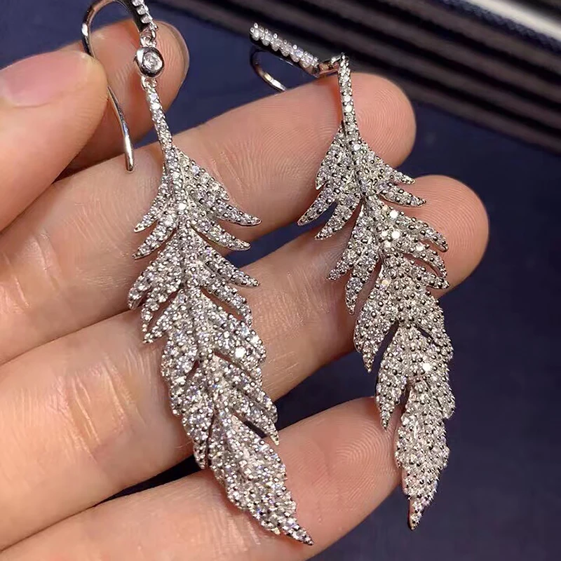 Feather Earrings S925 Sterling Silver micro inlaid zircon fashion women's exquisite Party style exquisite jewelry