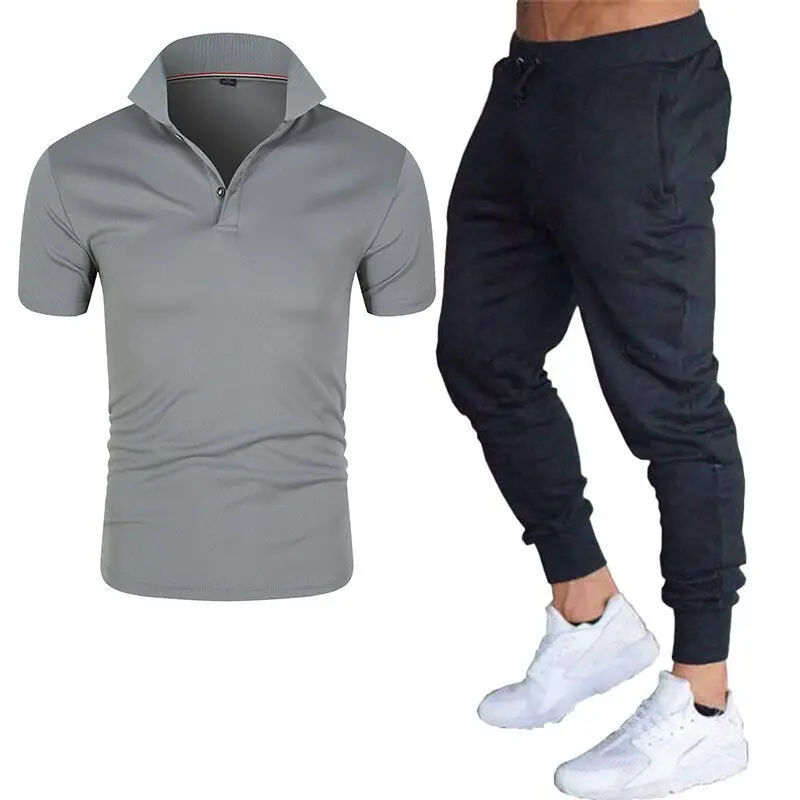 

2021 new solid color fashion polo shirt + casual pants suit business casual polo shirt men's simple brand men's casual suit