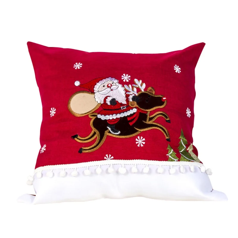 Xmas Embroidered Decorative Pillowcase With White Pom Balls Christmas Throw Pillow Cover Cushion Case 112G | Дом и сад