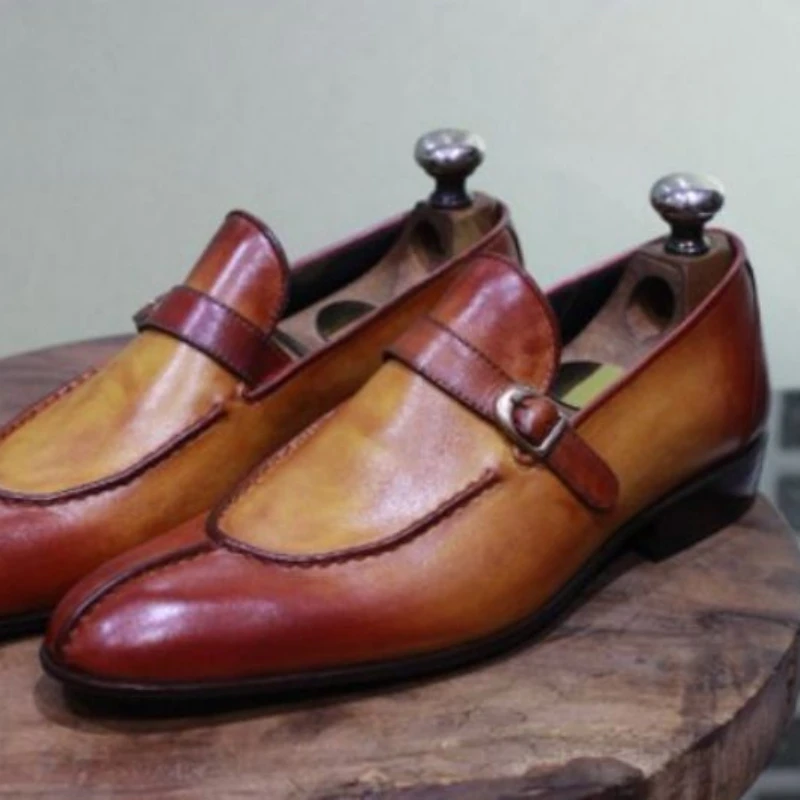 

Autumn New Men Brown PU Leather Monk Single Shoes Business Dress Shoes Adjustable Belt Buckle Cover Foot Lefu Shoes KA602