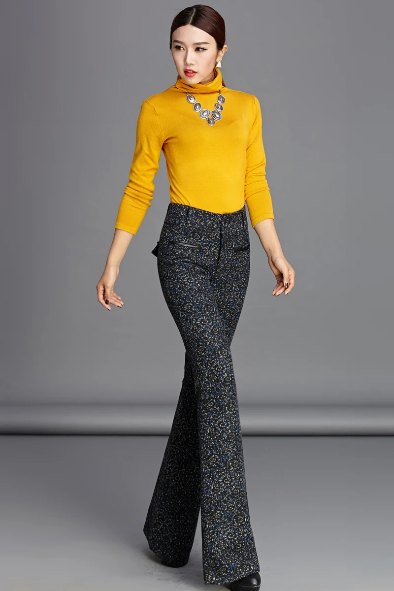 

Autumn Winter Women Wool Trousers High Waist Woolen Flare Pants L1611233