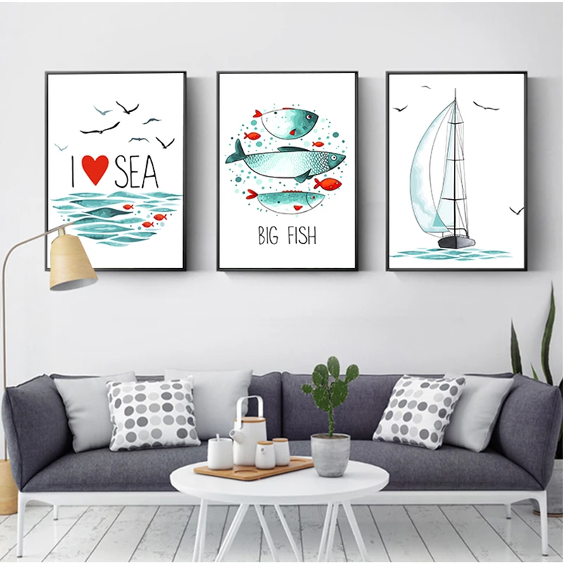 Океан тематические Детская Wall Art с надписью I Love изображением морских рыб и Чайка