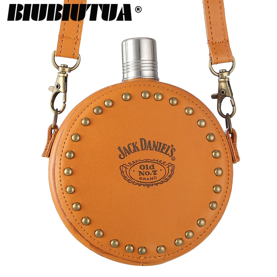 

XYKIT 8oz Luxurious Leather Round Shape Hip Flask New Mini Pocket Flask Classical Pattern Flask Great Flask For Man