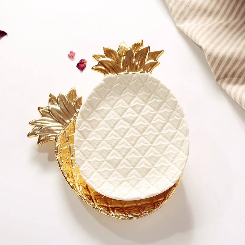

Electroplated Golden Pineapple ceramic plate storage plate fruit plate Japanese solid color jewelry storage ornaments