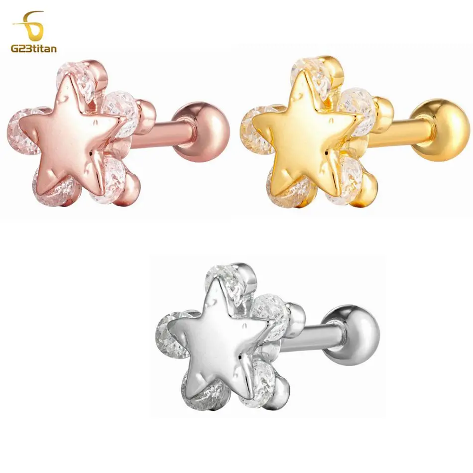 

Woman Ear Piercing Star Stud Earrings Cartilage Earlobe Piercing Ring Zircon Crystal Surgical Steel Sweet Body Jewelry