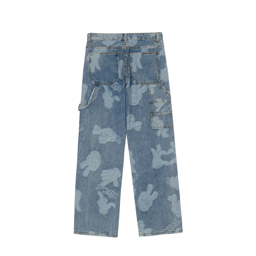 Korean Fashion Palm Jacquard Retro Washed Men Baggy Jeans Trousers Hip Hop Straight Women Wide Denim Pants For Teens Pantalones