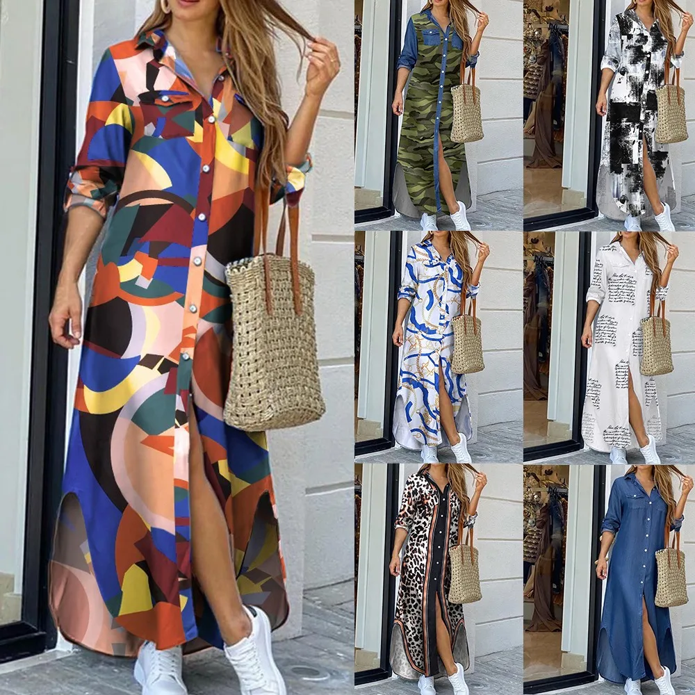 

Summer Long Dress Long Sleeve Shirt Dress Women Denim Long Dresses Pocket Button Shirt Print Dress Casual Loose Dresses 2021