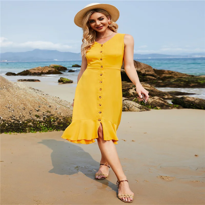 

Sleeveless Mid Length Button Waist Dress With Irregular Hem