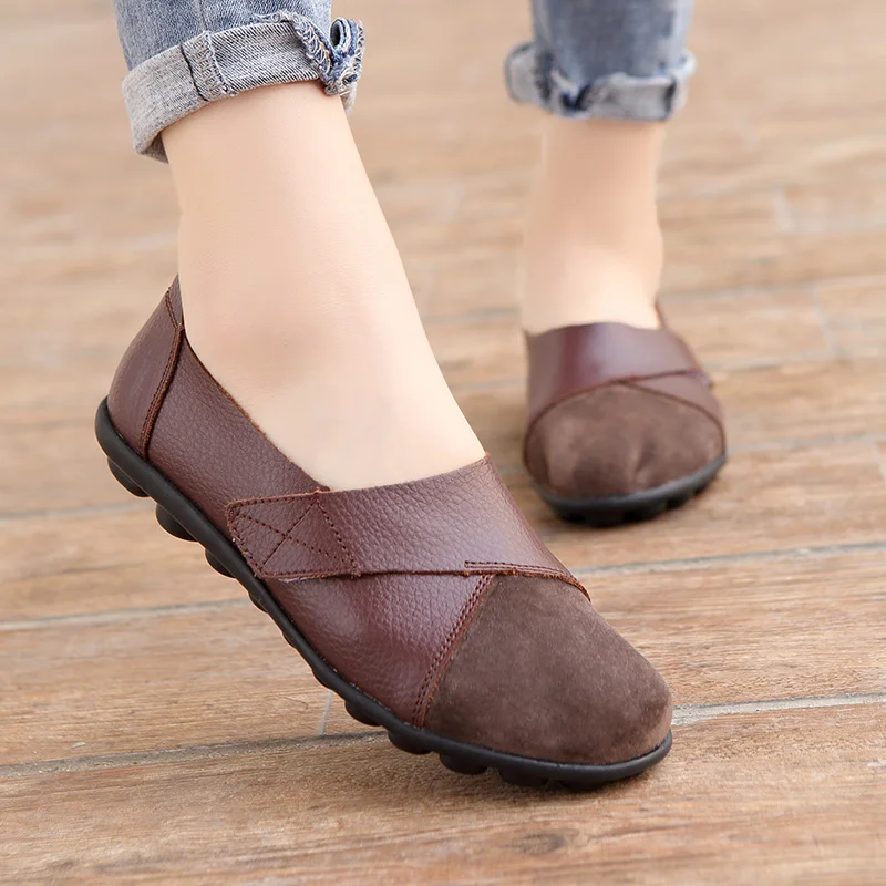 

Women Genuine Leather Shoes Flat Patchwork Velcro Redblue Ballet Autumn Moccasin Women'S Loafers Size 35-44 Mocasines De Mujer
