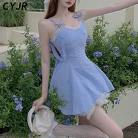 sexy one piece dress korean sleeveless bow design elegant casual dresses women lace up vinatge mini dress females 2021 summer