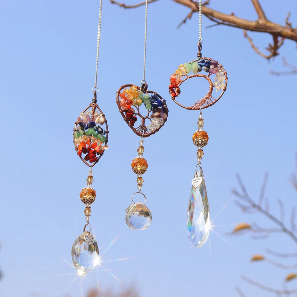 

K9 Crystal Prism Hanging Suncatcher Life Tree Stone Beads Pendant Craft Chain Hanging Rainbow Catcher Window Ornament Home Decor