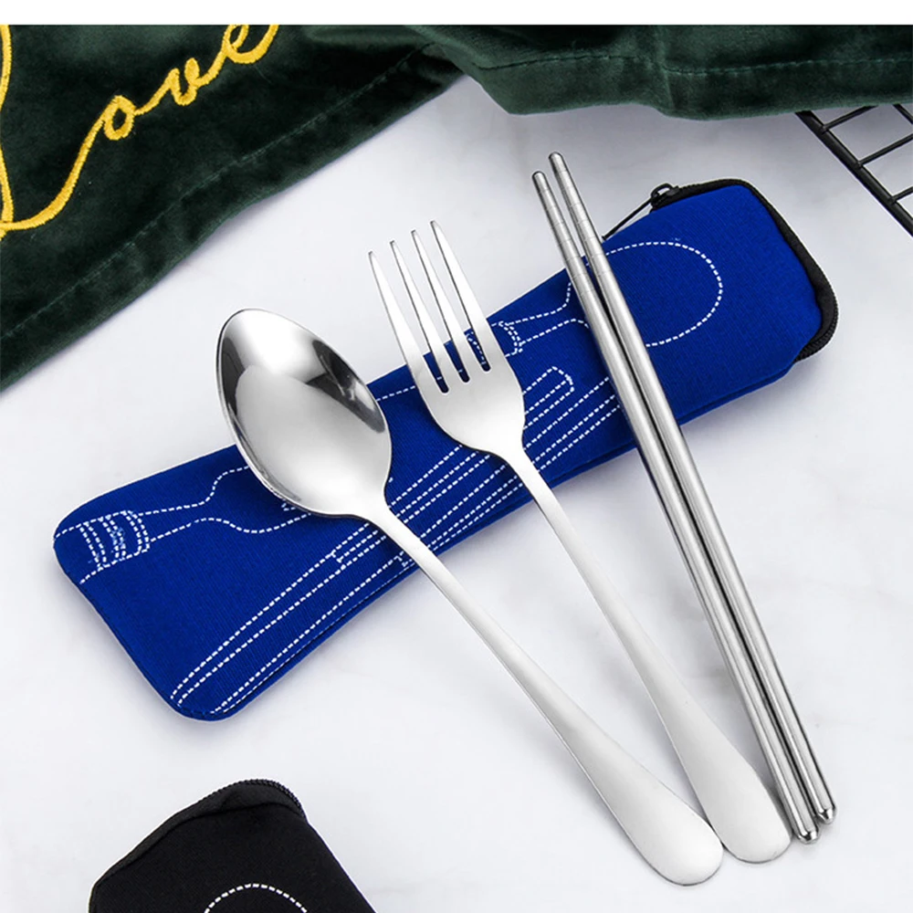 

3pcs/Set Dinnerware Portable Printed Stainless Steel Spoon Fork Steak Knife Set Travel Cutlery Tableware With Bag For Outdoors