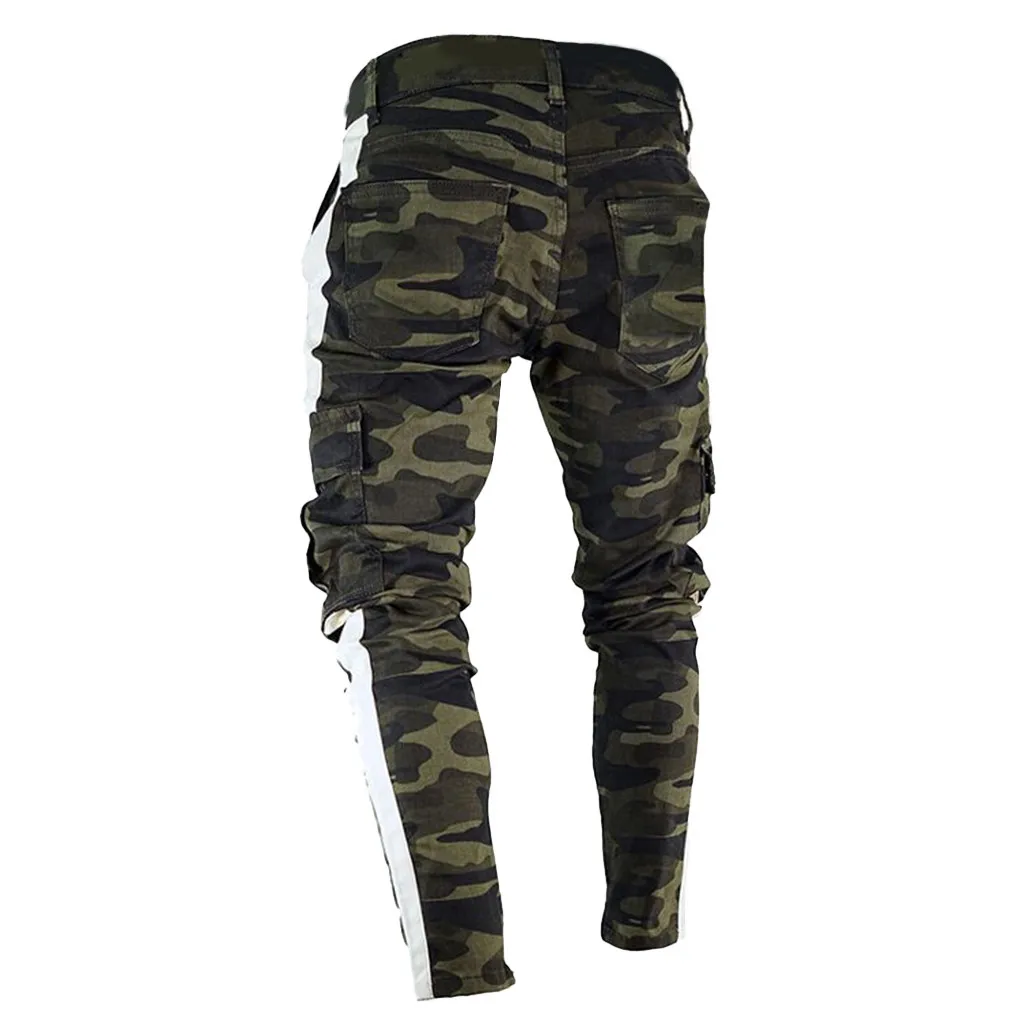 

Mens Skinny Pants Stretch Denim Pants Pleated Ripped Frayed Slim Fit Jeans Trousers Multi Pocket Camouflage Overalls#G30
