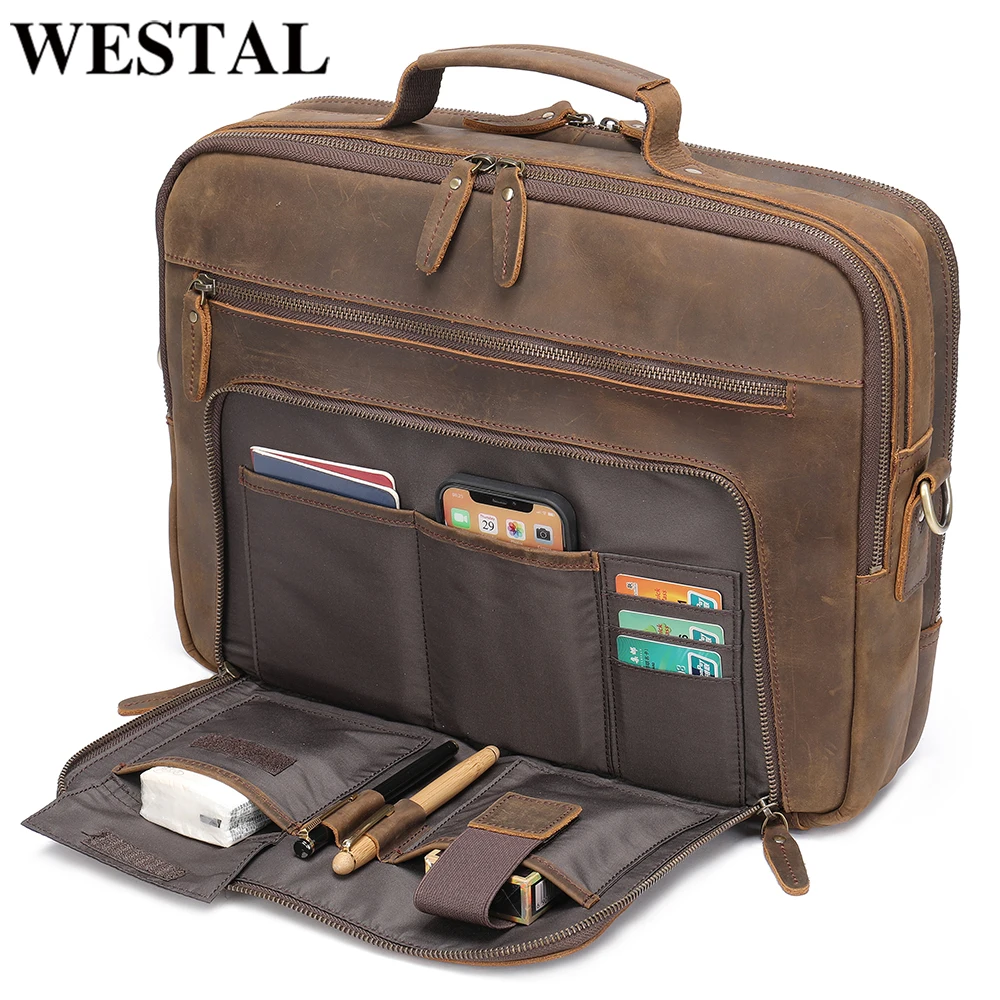 WESTAL Men's Bag Genuine Leather Men Briefcase for Laptop 14 Messenger Men's Leather Bag Business Portfolio for Document A45015