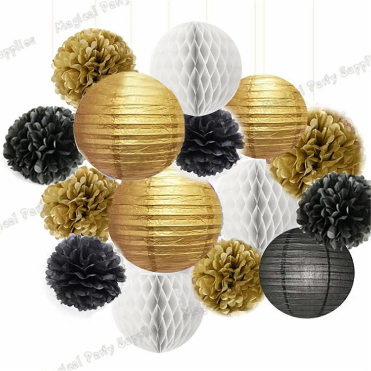 3 комплекта смешанные золотые черные белые вечерние тканевые Pom Poms бумажные