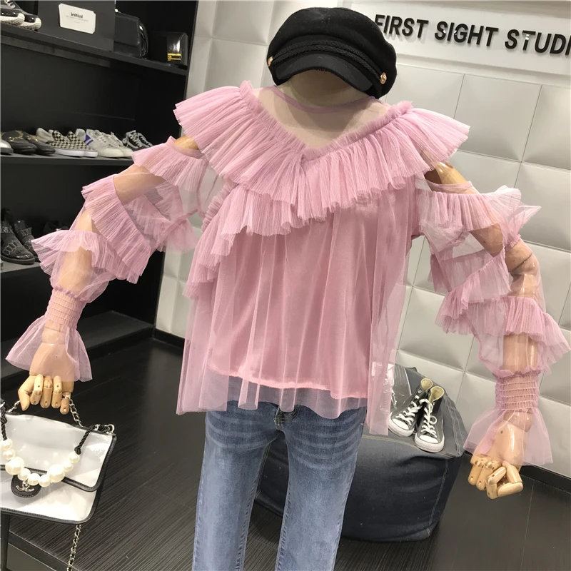 ALPHALMODA с длинным рукавом перспектива сексуальные женские осенние блузки с v-образным воротником гофрированные рукава Дамская мода шифоновый наряд рубашка