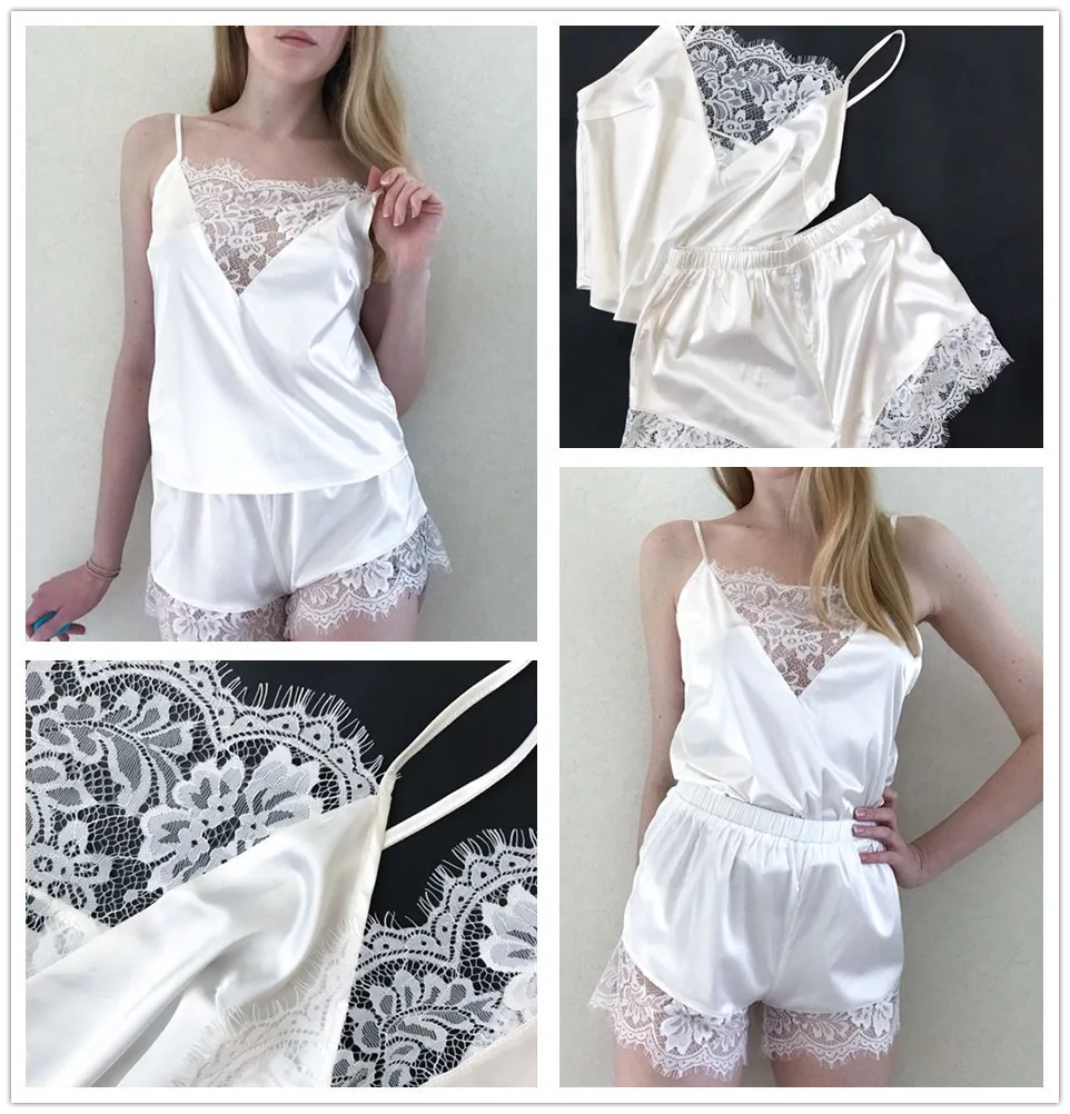 

Ladies Women Satin New Lingerie Lace Pajamas Set Elegant Sleeveless Top And Shorts Night Suit Set Underwear Sleepwear