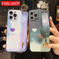 HOT Watercolor Gradient Wrist Strap Stand Holder Case for iPhone Pro Max Plus Trendy Rainbow Cover