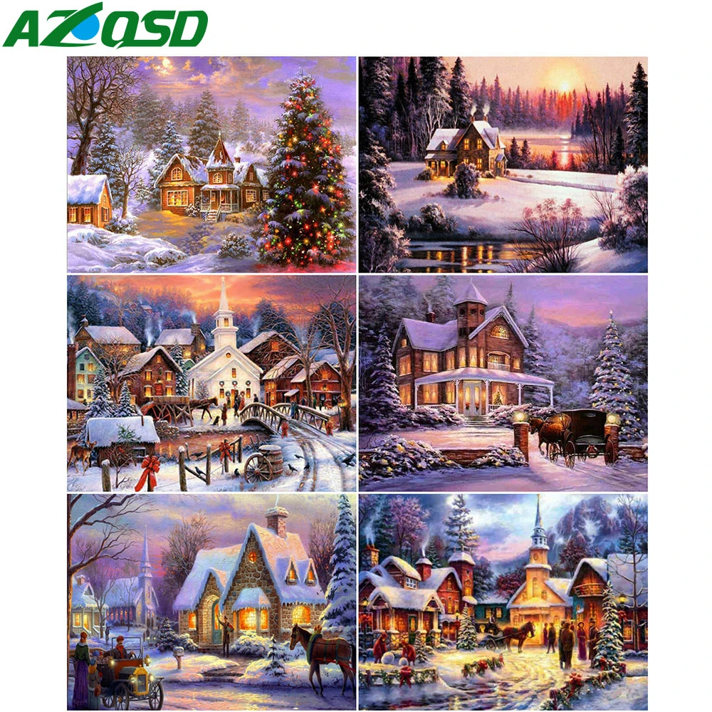 

AZQSD Diamond Painting Winter House Mosaic Full Square Drill Home Decor Needlework Diamond Embroidery Landscape Handmade Gift