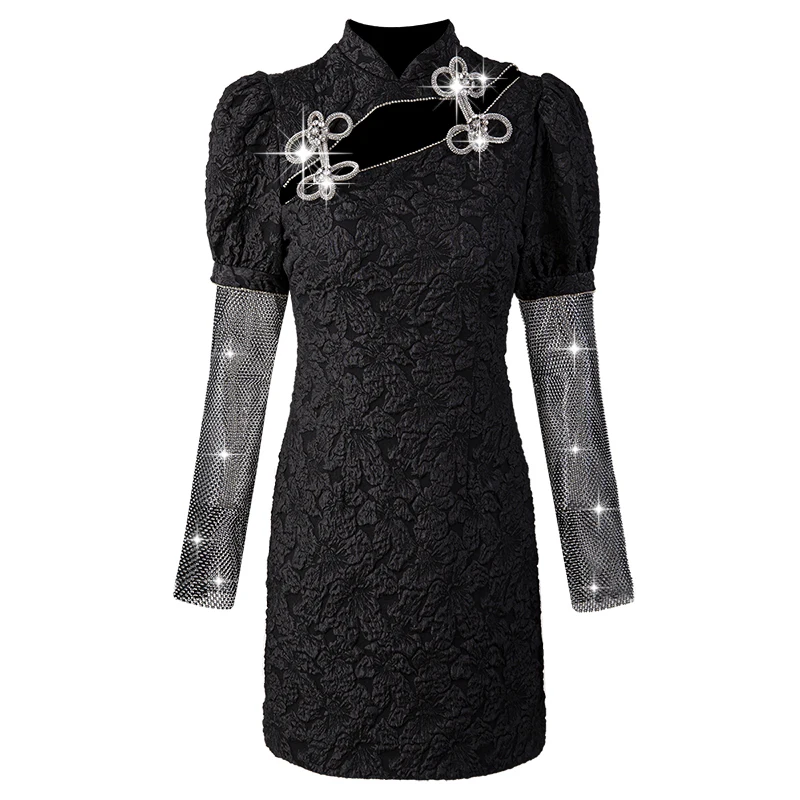

[DEAT] Diamond Bowlong Sleeve A-line Skirt Long Sleeve Improved Cheongsam High Waist Patchwork Dress Women 2021 Summer GX1128