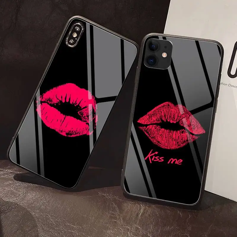 

For iPhone 13 Sexy Girl red Lips Kiss Phone Case Tempered Glass For iPhone 12 11 13 Pro Max Mini XR XS MAX 8 X 7 6 Plus SE case