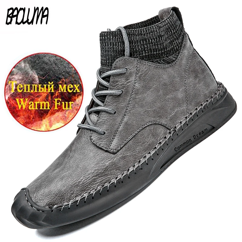 Модные мужские зимние ботинки плюшевые теплые Водонепроницаемые кожаные