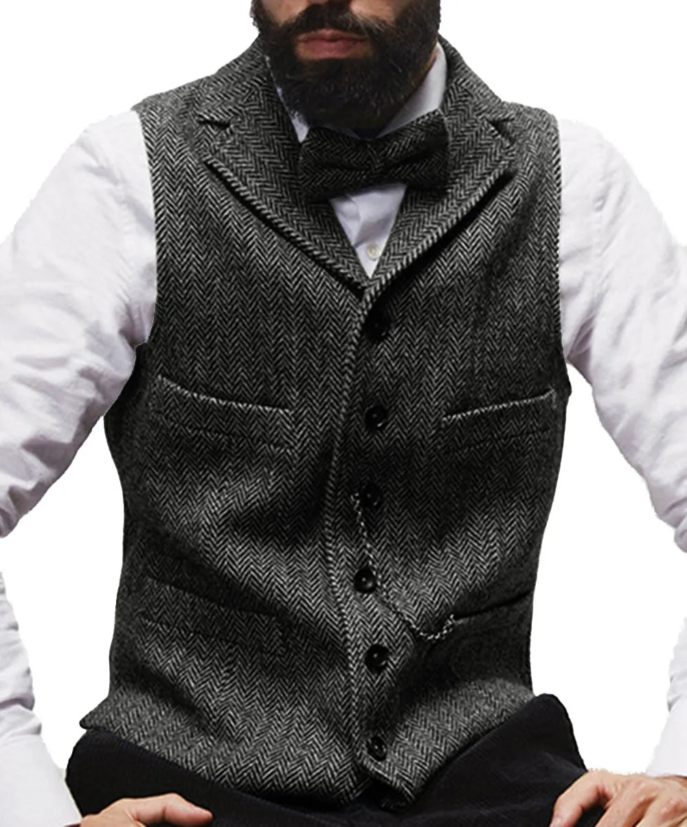 

Brown Men Suit Vests Black Waistcoat Vest Man Steampunk Jacket Striped Tweed V-neck Slim Fit Gilet Homme Wedding Clothing