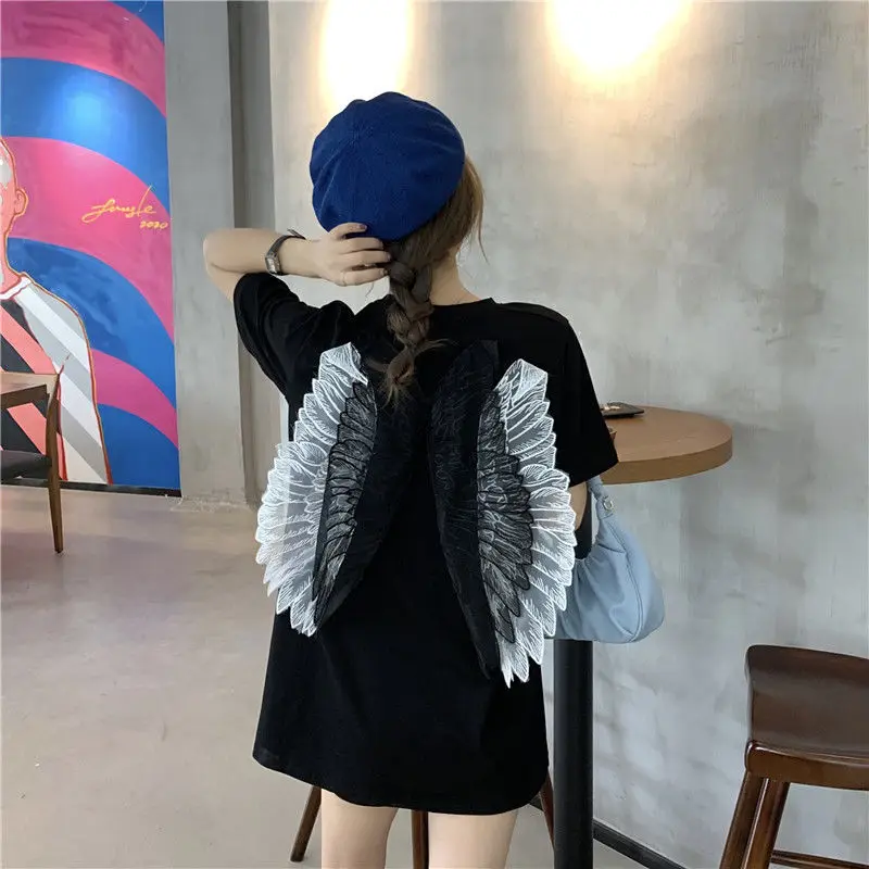2020 Kawaii Black Women Tshirt Korean Cotton Casual Funny Wing T Shirt Gift For Lady Yong Girl Summer Top Tee Harajuku Tops | Женская