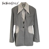 twotwinstyle casual slim patchwork colorblock blazer female long sleeve cut out fake two korean fashion jacket for women clothes
