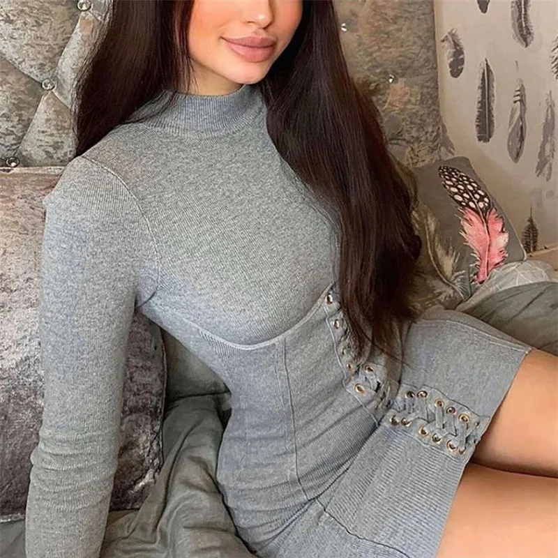 

2020 Autumn Women Dresses Winter Sexy Long Sleeve Grey Solid Casual Mini Bodycon Knitted Dress For Women Female