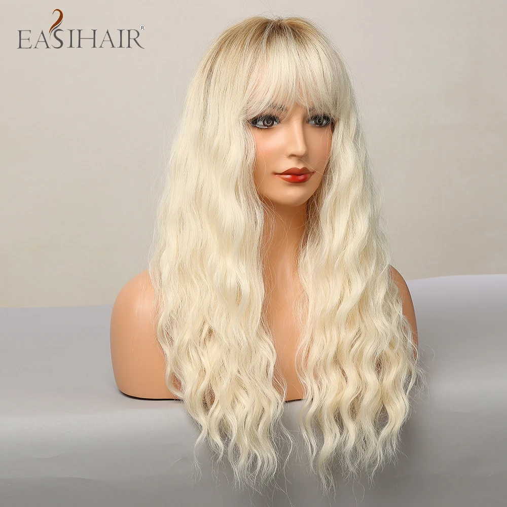 EASIHAIR-Peluca de cabello sintético ondulado para mujer, cabellera artificial larga con flequillo, color rubio platino claro, resistente al calor