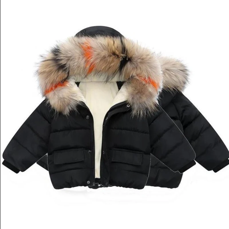 black Winter Fashion Girls Big Fur Collar Down Jacket Cotton Boy Hooded Jacket Thickening Children's Warm Cotton Jacket 3-8 years old - Цвет: black