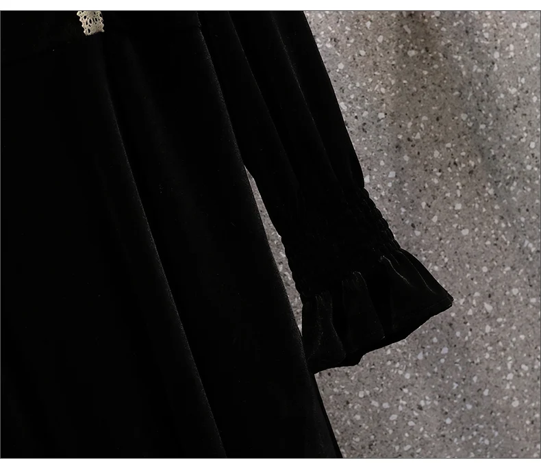 Женское винтажное бархатное платье элегантное черное до колена с кружевной