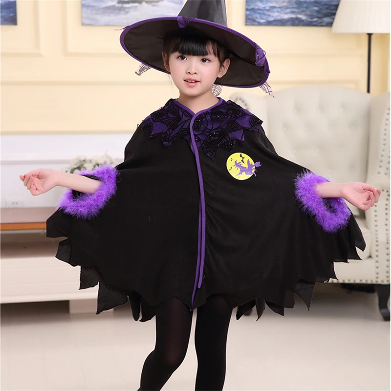 Kids Cosplay Costumes Halloween Party Gothic Lolita Clothe with Hat for Girls Furry Cloak Witch Moon Print Stage Performance images - 6