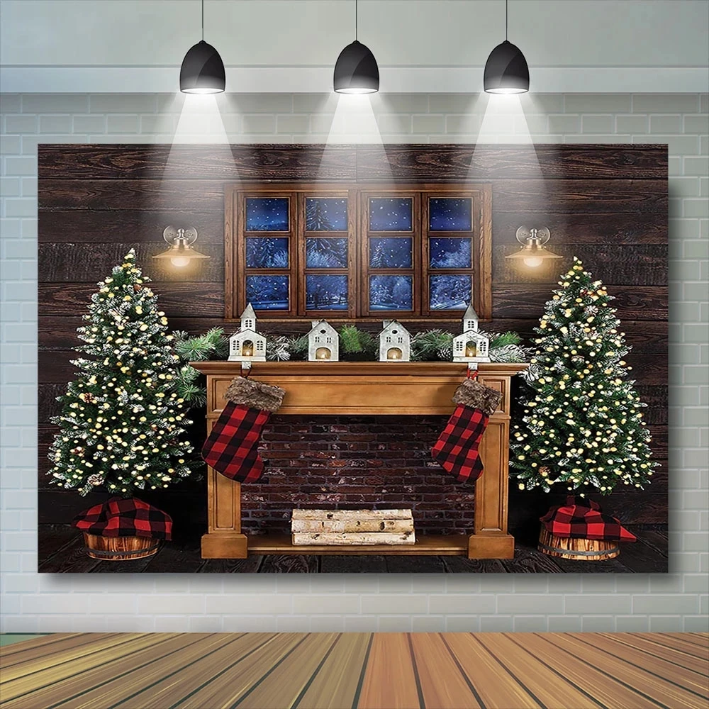 

Christmas Backdrop Christmas Trees Red Socks Background Wood Wall Window Photo Studio Props Family Party Decor Backdrop