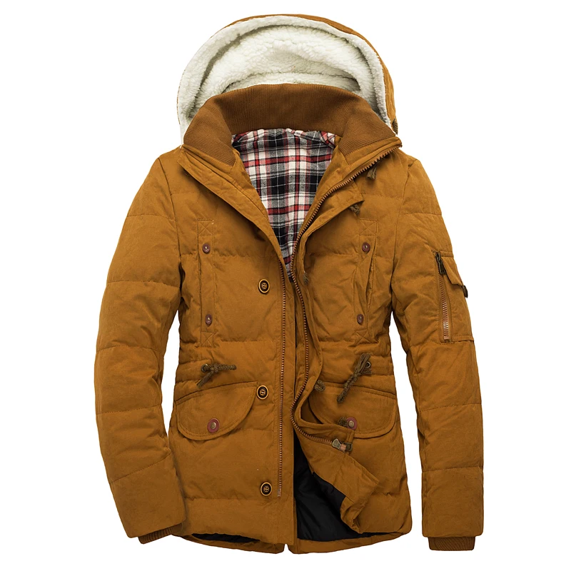 EU size Winter down jacket men's medium - long down coat khaki color hooded coat warm jacket fashion style high quality