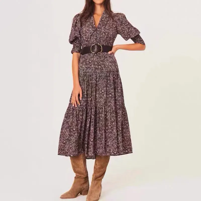 

2021 Retro Puff Sleeve Floral Viscose Midi Dress