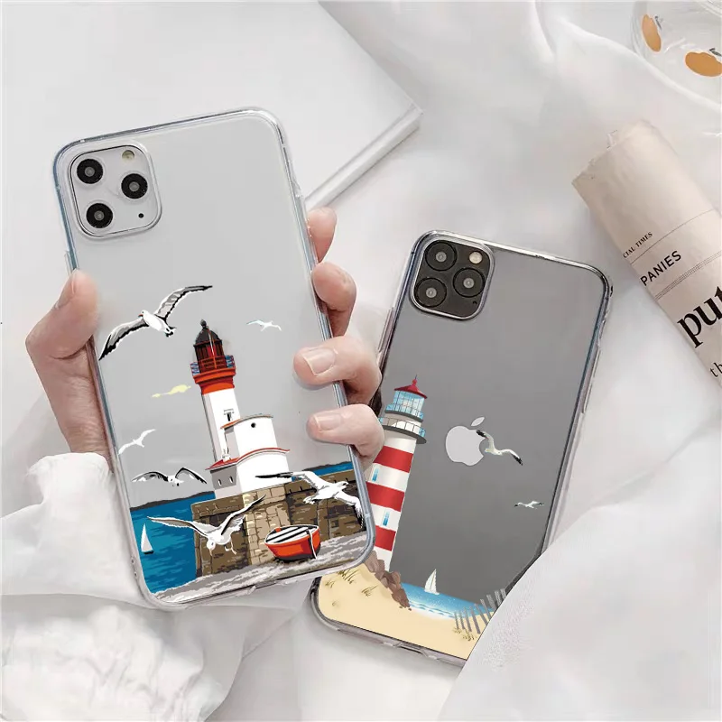 

Hand Painted Lighthouse Print Bird Seagull Clear Phone Case for iphone 13 11 12 Pro Max X XS MAX XR 7 8 Plus SE 2020 Soft Cover