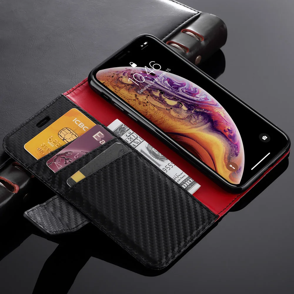 Чехол из углеродного волокна для iPhone X чехол Xr Xs 11 Pro Max деловой книжка с бумажником