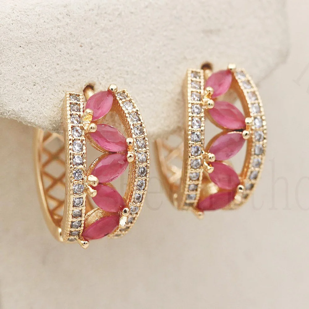 Роскошные серьги-кольца с цирконом радужными розовыми и белыми камнями