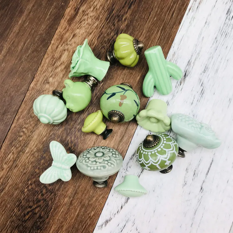 Разные зеленые фарфоровые ручки для ящиков и ручка двери шкафа выдвижная ящика