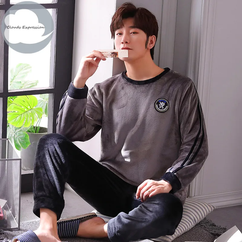 Пижамный комплект мужской фланелевый теплый тонкий пижамный одежда для сна с