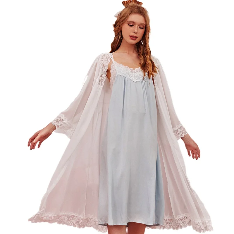 

Women's Nightdress with Suspender Nightgowns Women's Lace Two Piece Home Wear Sleepshirts Lingerie Set with Robe Sleep Wear