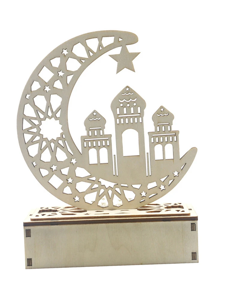 

Wooden Eid Mubarak Plaque LED Moon Star Ramadan Ornament Muslim Wood Craft Exquisite Gift Home Decoration