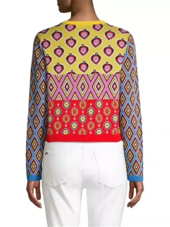 Brand Designer women's cardigan 2019 Vintage Contrast geometric heart Single Breasted Round Neck Open Stitch Cardigan Knit Coat |