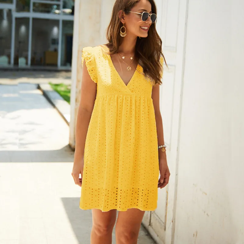 

FashionCasual V Neck Solid Cotton Dress Butterfly Short Sleeve Loose Lace Dress Summer Lady Elegant Mini Dresses Vestidos Mujer