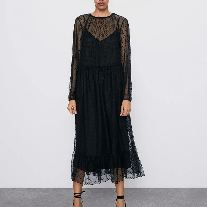 Женское блестящее Сетчатое платье длинное черное с подкладкой на тонких