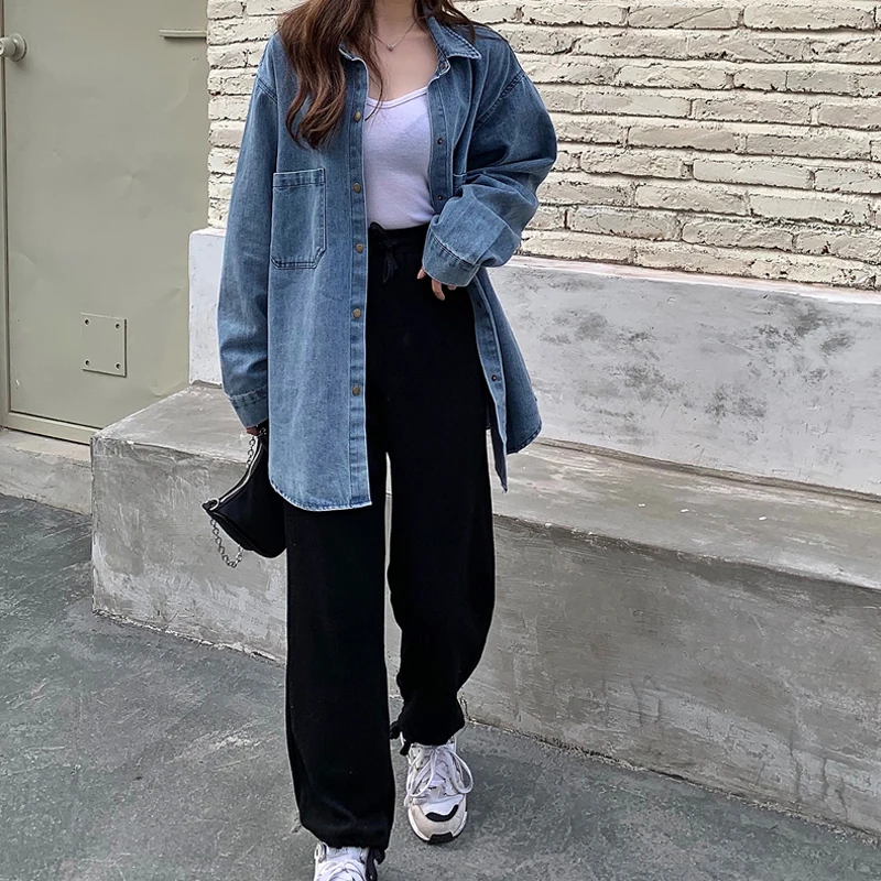 

Spring Autumn Streetwear Denim Shirts Women Korean Chic Loose Turn-down Collar Long Sleeve Harajuku Jean Blouses for Girls