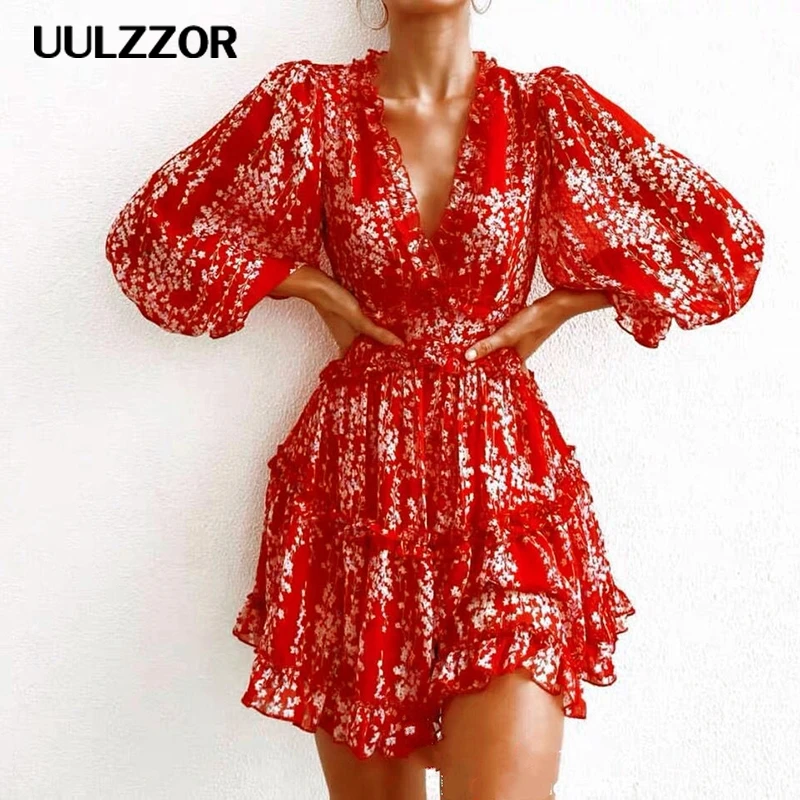 

women dresses Sexy v neck backless dress printed fashion lantern sleeve ruffle dresses summer holiday mini dress Vestido 2020 za