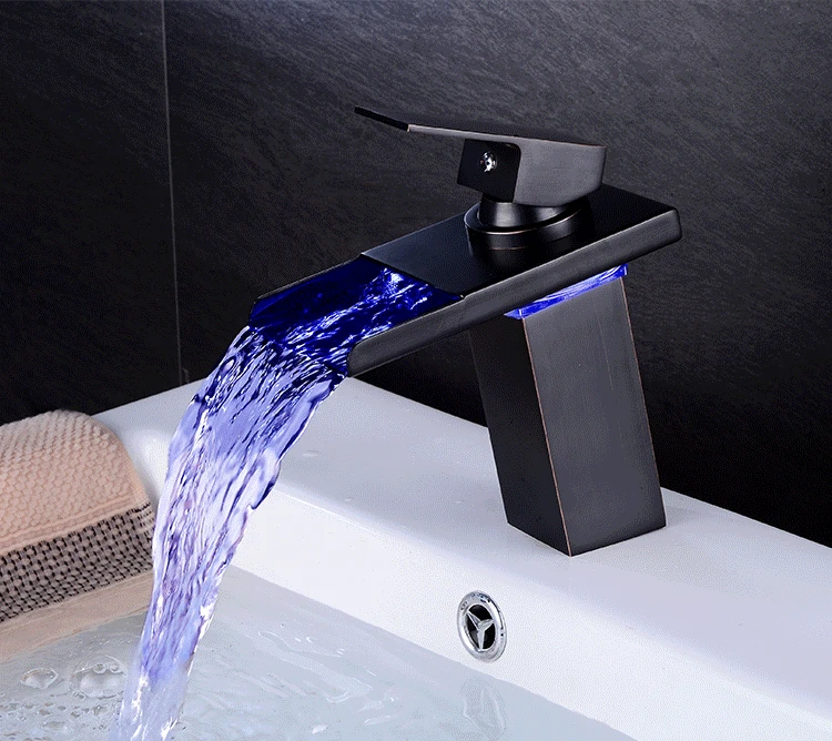 

Светодиодный смеситель для раковины, латунный кран «Водопад», меняет цвет от температуры, для ванной комнаты, стеклянные краны для мойки с к...